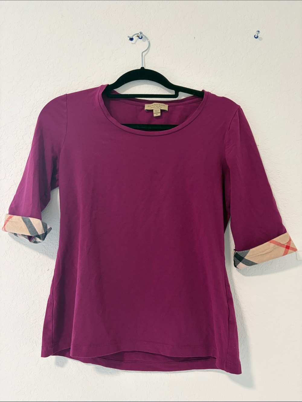 Burberry Magenta Three-Quarter Sleeve Cotton Top with Check Cuffs